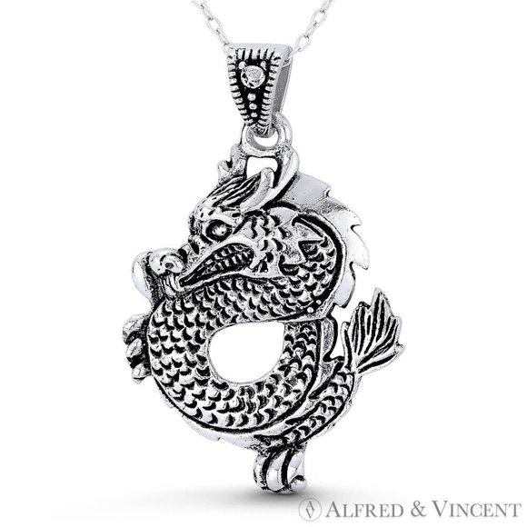 Chinese Dragon Shenlong Feng Shui Charm Pendant in Oxidized .925 Sterling Silver - Picture 1 of 1